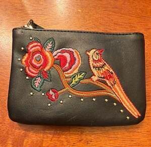 Louche London Black Faux Leather Embroidered Bird and Rose Zip Pouch